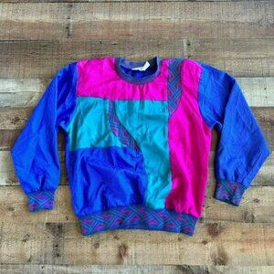 Lisa Deane Vintage light weight bomber shirt pullover top color block blue pink